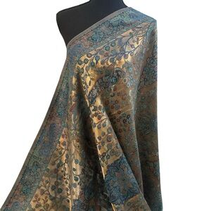 Moonlight Gold and Teal Floral Silk Shawl - Elegant Women's Accessory